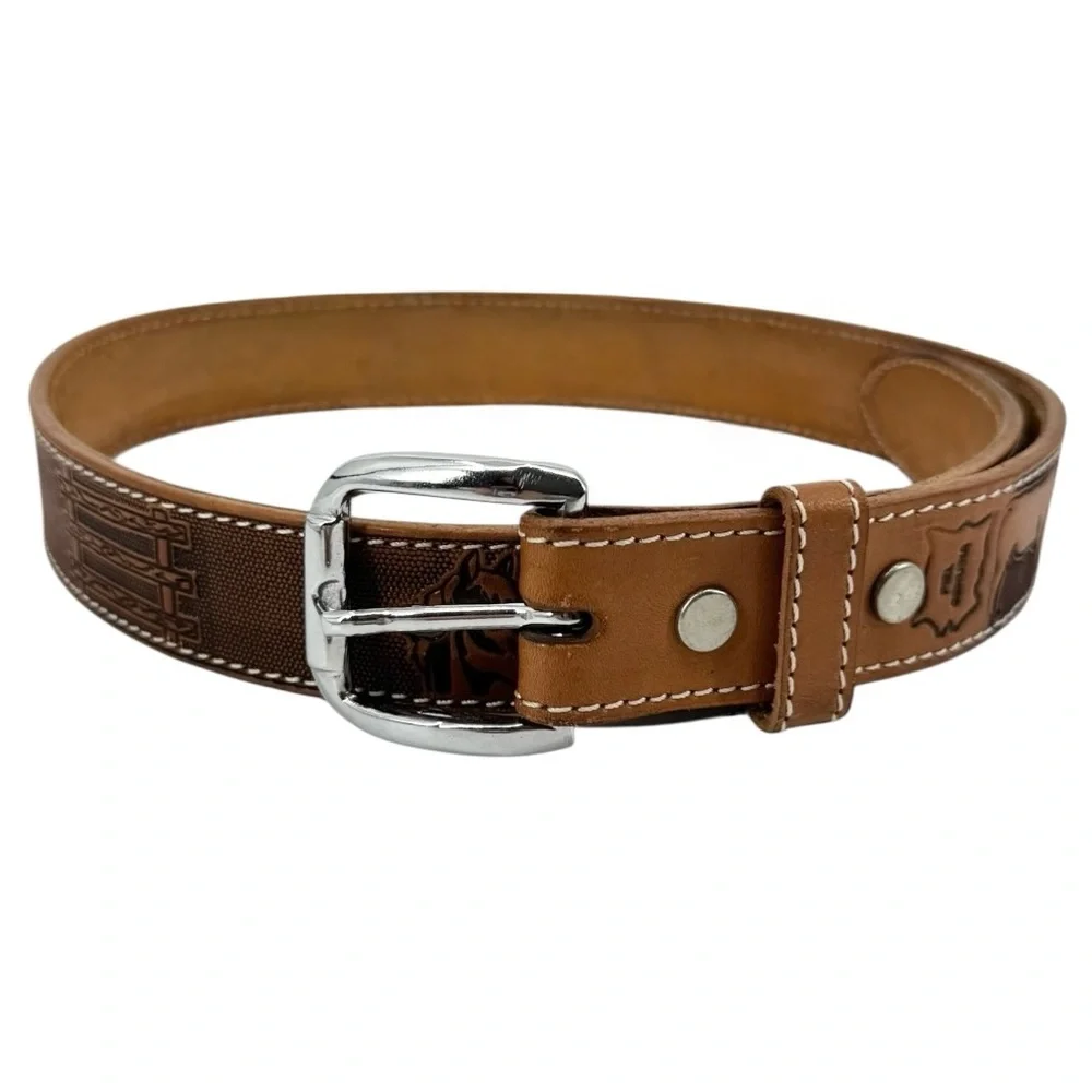 Vintage Western Boho Leather Belt with Stitched Detailing Brown Tan